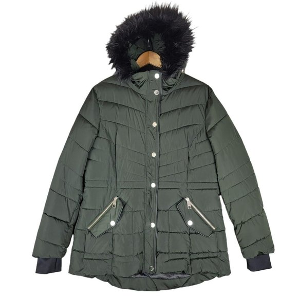 Guess Jackets & Blazers - Guess Women's Winter Parka Olive Green Hooded Puffer Jacket  Faux Fur  Size L